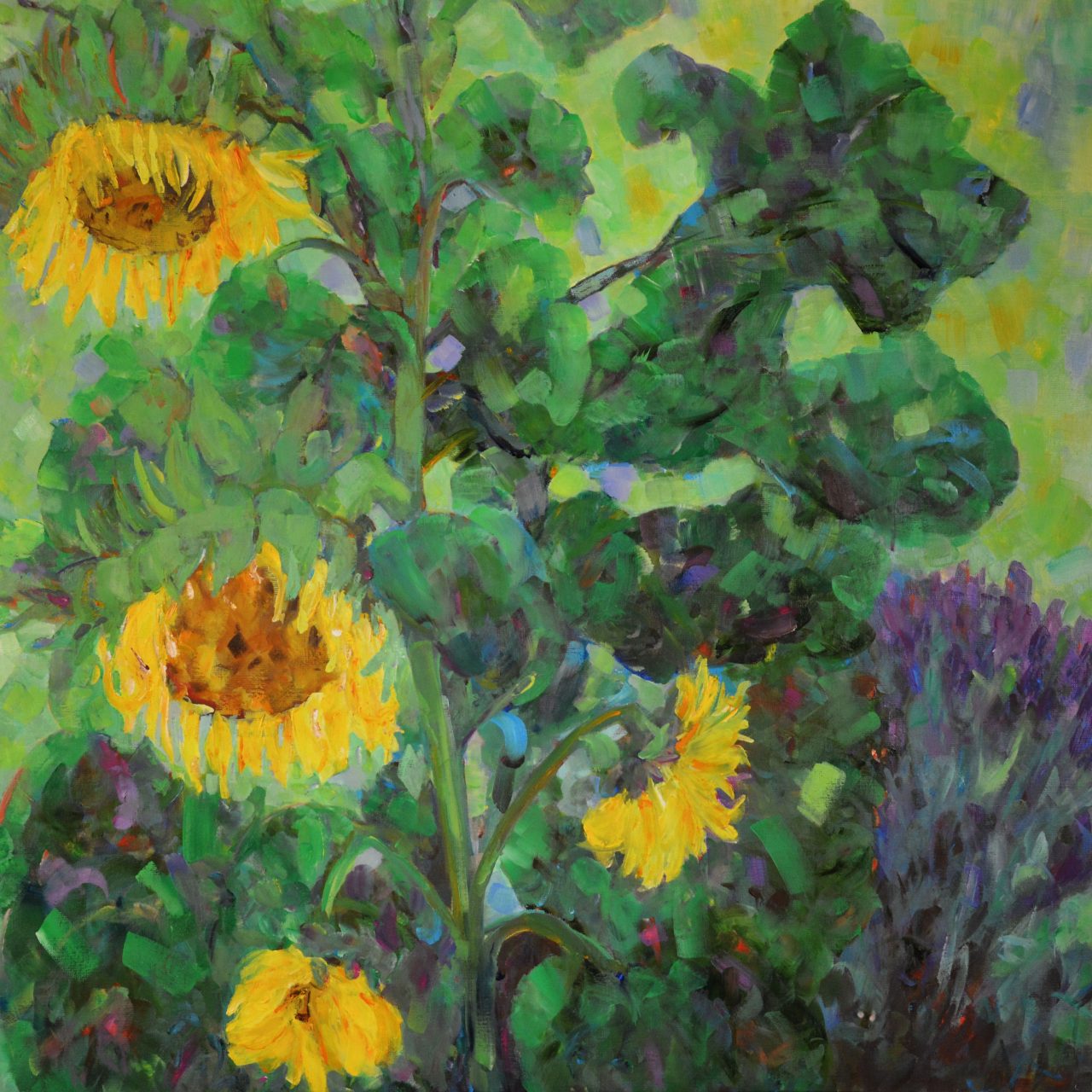 Sonnenblumen und Lavendel (in Helmas Garten I) Ölgemälde
